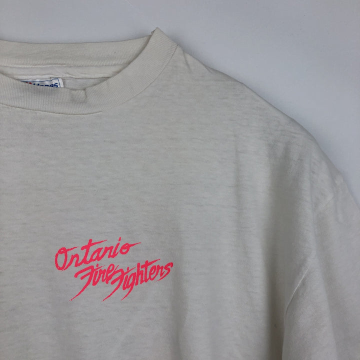 80'S Hanes Ontario Firefighters Skull Pattern Advertising T-Shirt, Made in USA, Men's XL equivalent, Vintage cotton white type Vintage Second Hand