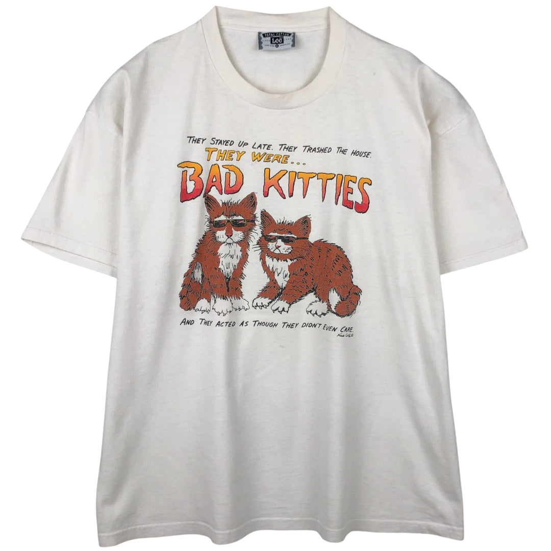 90'S Lee Cat Pattern Animal T-Shirt, Made in USA, Men's XL equivalent, Vintage cotton white type Vintage Second Hand