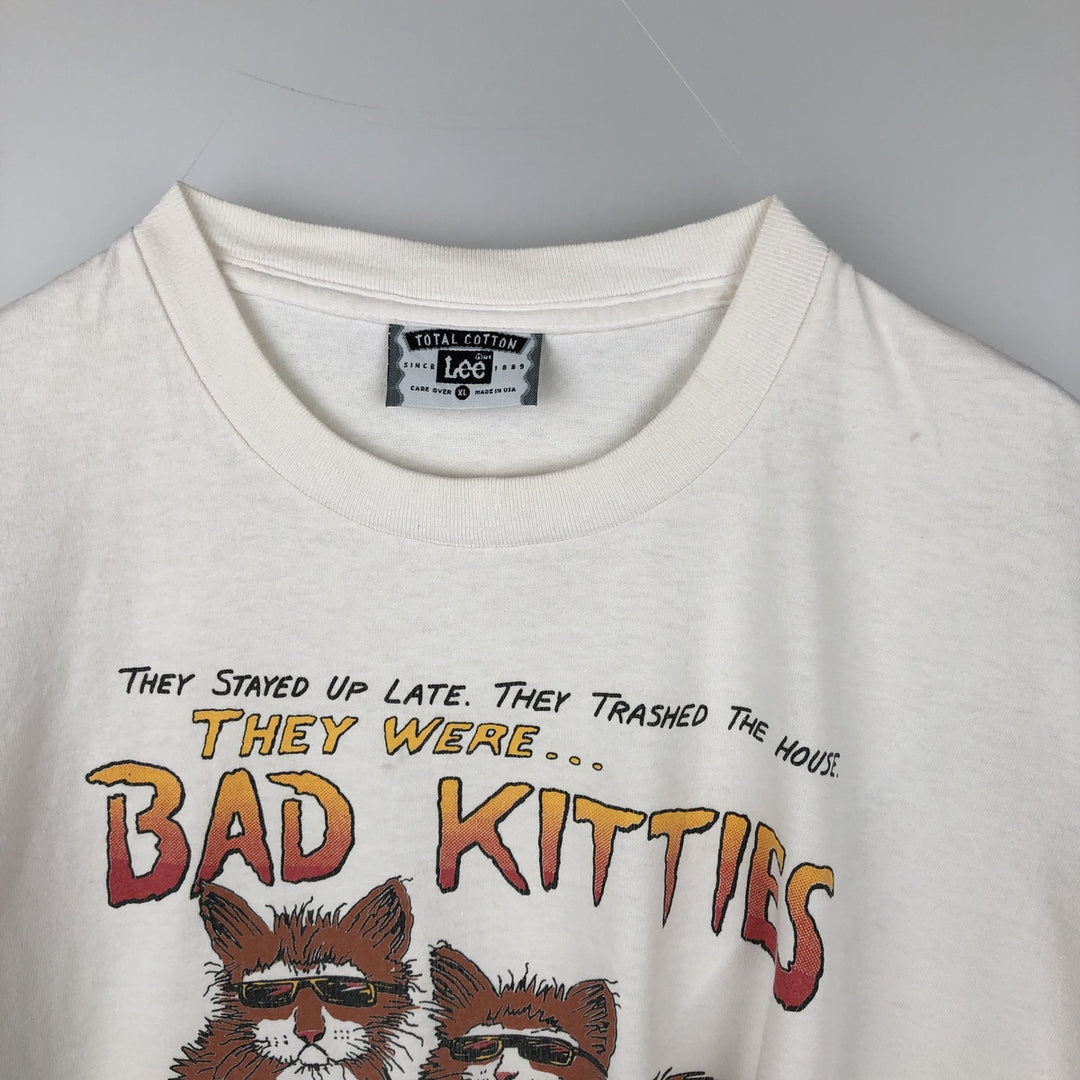 90'S Lee Cat Pattern Animal T-Shirt, Made in USA, Men's XL equivalent, Vintage cotton white type Vintage Second Hand