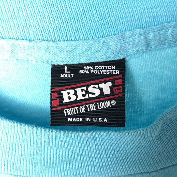 90'S Fruit of the Loom Message Print T-Shirt Made in USA Men's L Size Vintage cotton Blue type light blue Vintage Second Hand