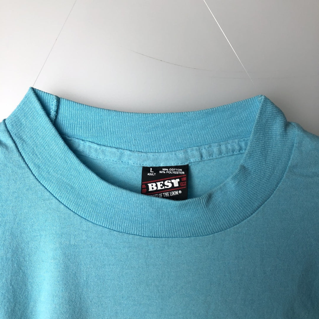 90'S Fruit of the Loom Message Print T-Shirt Made in USA Men's L Size Vintage cotton Blue type light blue Vintage Second Hand
