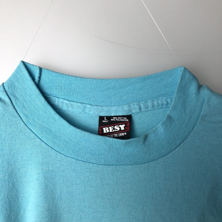 90'S Fruit of the Loom Message Print T-Shirt Made in USA Men's L Size Vintage cotton Blue type light blue Vintage Second Hand