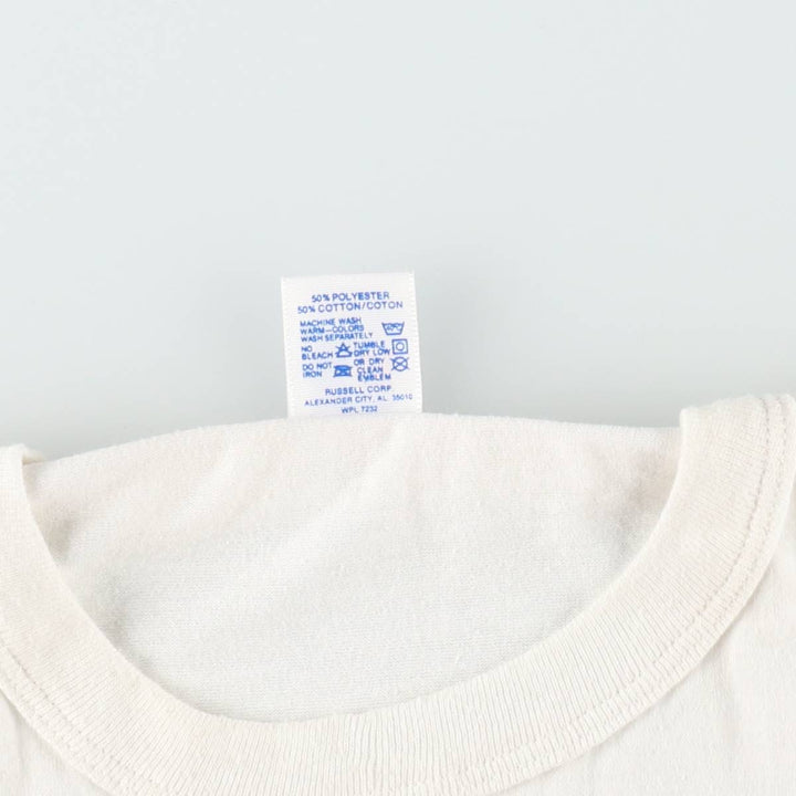 90'S Russell Lowe's Advertising T-Shirt, Made in USA, Men's XL equivalent, Vintage polyester white type Vintage Second Hand
