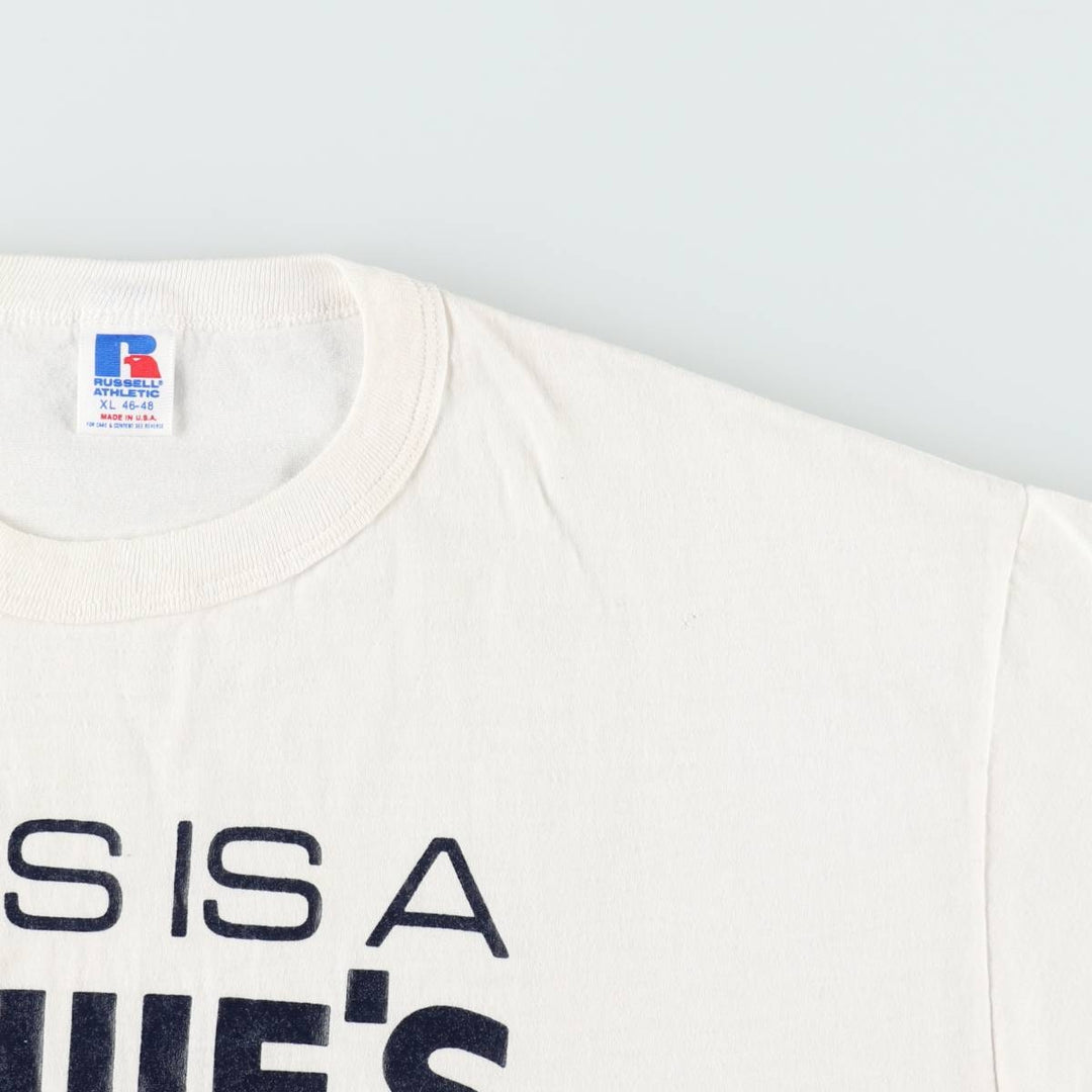 90'S Russell Lowe's Advertising T-Shirt, Made in USA, Men's XL equivalent, Vintage polyester white type Vintage Second Hand