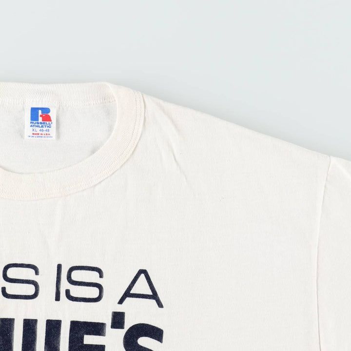 90'S Russell Lowe's Advertising T-Shirt, Made in USA, Men's XL equivalent, Vintage polyester white type Vintage Second Hand