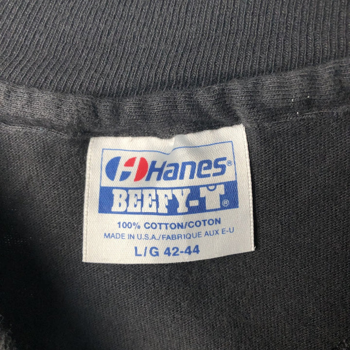 Vintage 1980'S Hanes BEEFY-T T-shirt with blue tag and message print, made in the USA, size L. cotton black type Vintage Second Hand