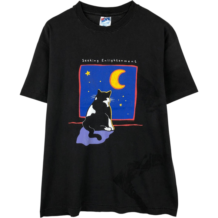 90'S Hanes Seeking Enlightenment Cat Pattern Print T-Shirt, Made in USA, Men's Size L (approx.), Vintage cotton black type Vintage Second Hand