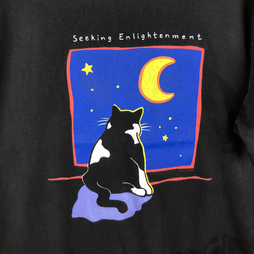 90'S Hanes Seeking Enlightenment Cat Pattern Print T-Shirt, Made in USA, Men's Size L (approx.), Vintage cotton black type Vintage Second Hand