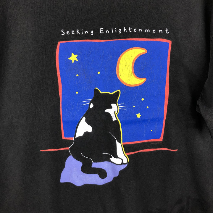 90'S Hanes Seeking Enlightenment Cat Pattern Print T-Shirt, Made in USA, Men's Size L (approx.), Vintage cotton black type Vintage Second Hand