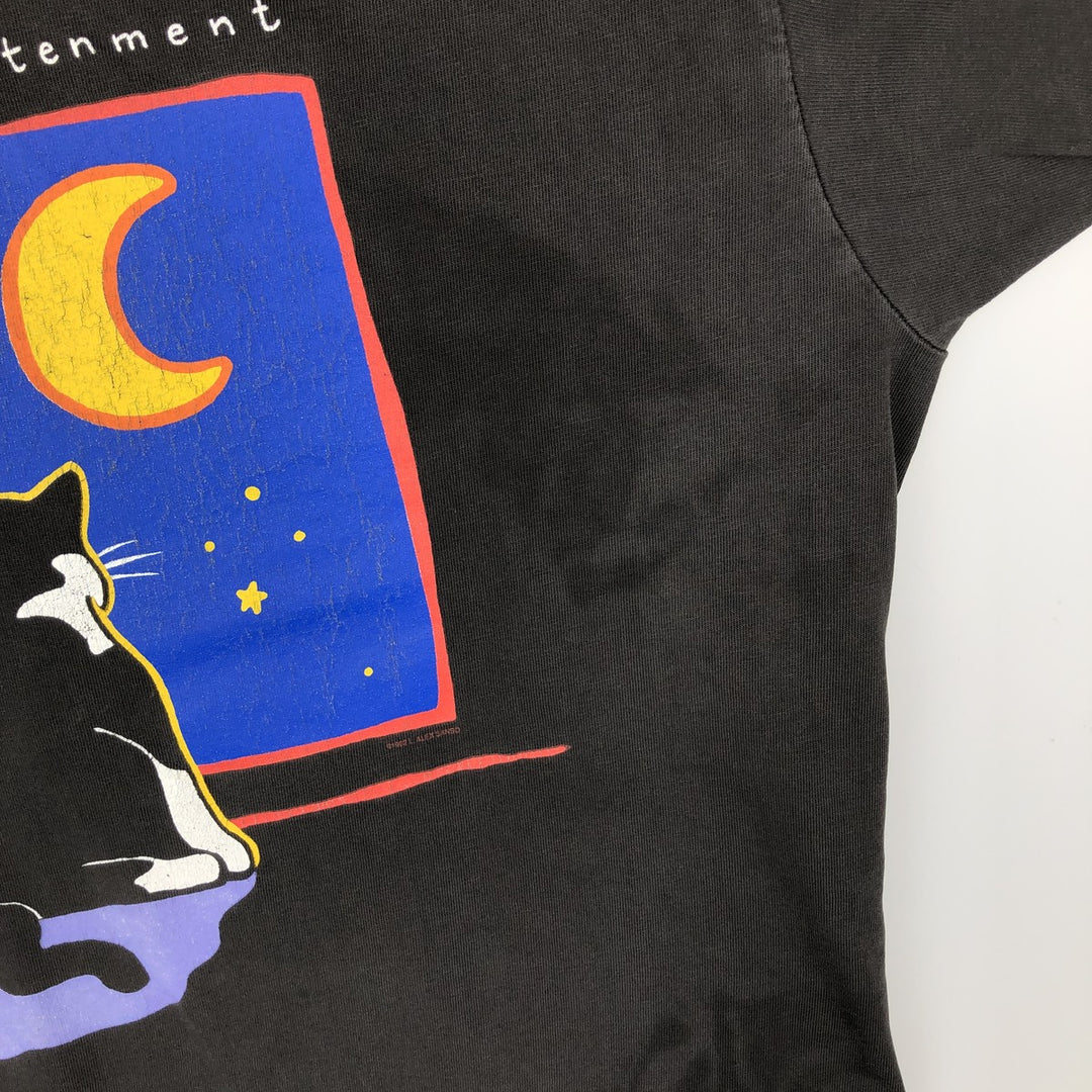 90'S Hanes Seeking Enlightenment Cat Pattern Print T-Shirt, Made in USA, Men's Size L (approx.), Vintage cotton black type Vintage Second Hand