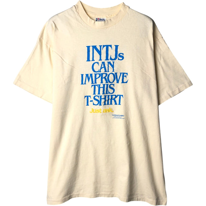 80'S Hanes BEEFY-T Blue Tag Message Print T-Shirt Made in USA Men's XL Vintage cotton Beige type Vintage Second Hand