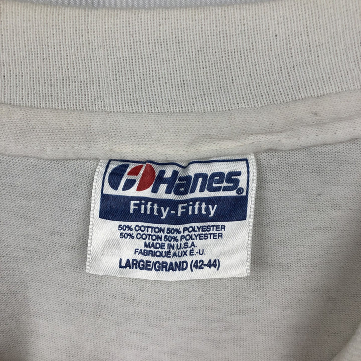 90'S Hanes Fifty-Fifty Blue Tag Message Print T-Shirt Made in USA Men's L Size Vintage cotton white type Vintage Second Hand
