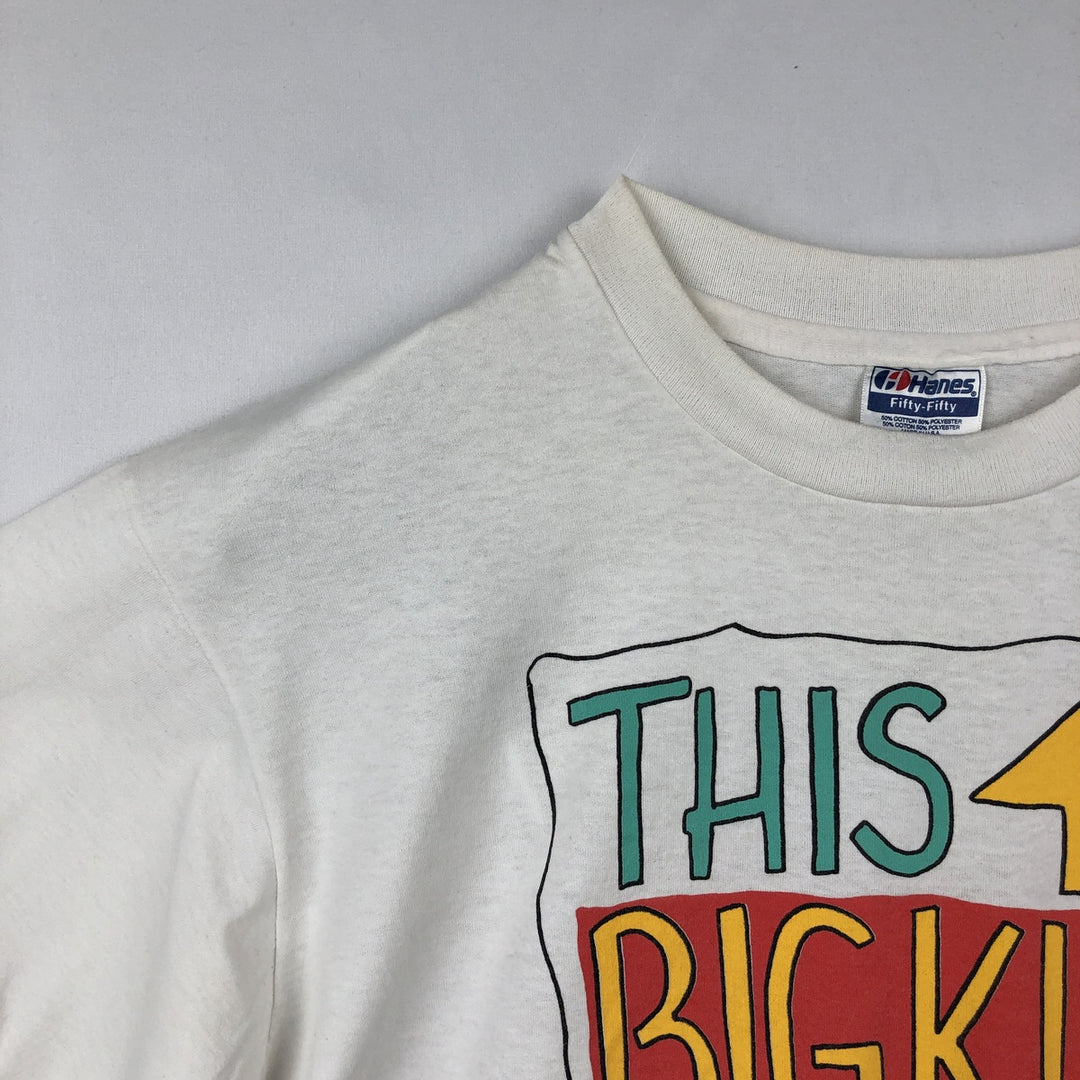 90'S Hanes Fifty-Fifty Blue Tag Message Print T-Shirt Made in USA Men's L Size Vintage cotton white type Vintage Second Hand