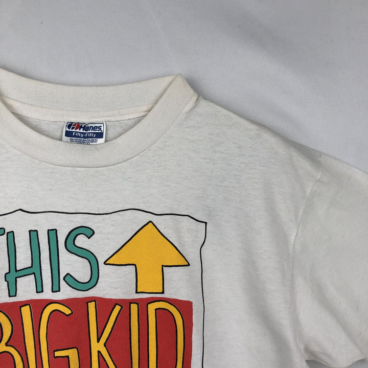 90'S Hanes Fifty-Fifty Blue Tag Message Print T-Shirt Made in USA Men's L Size Vintage cotton white type Vintage Second Hand