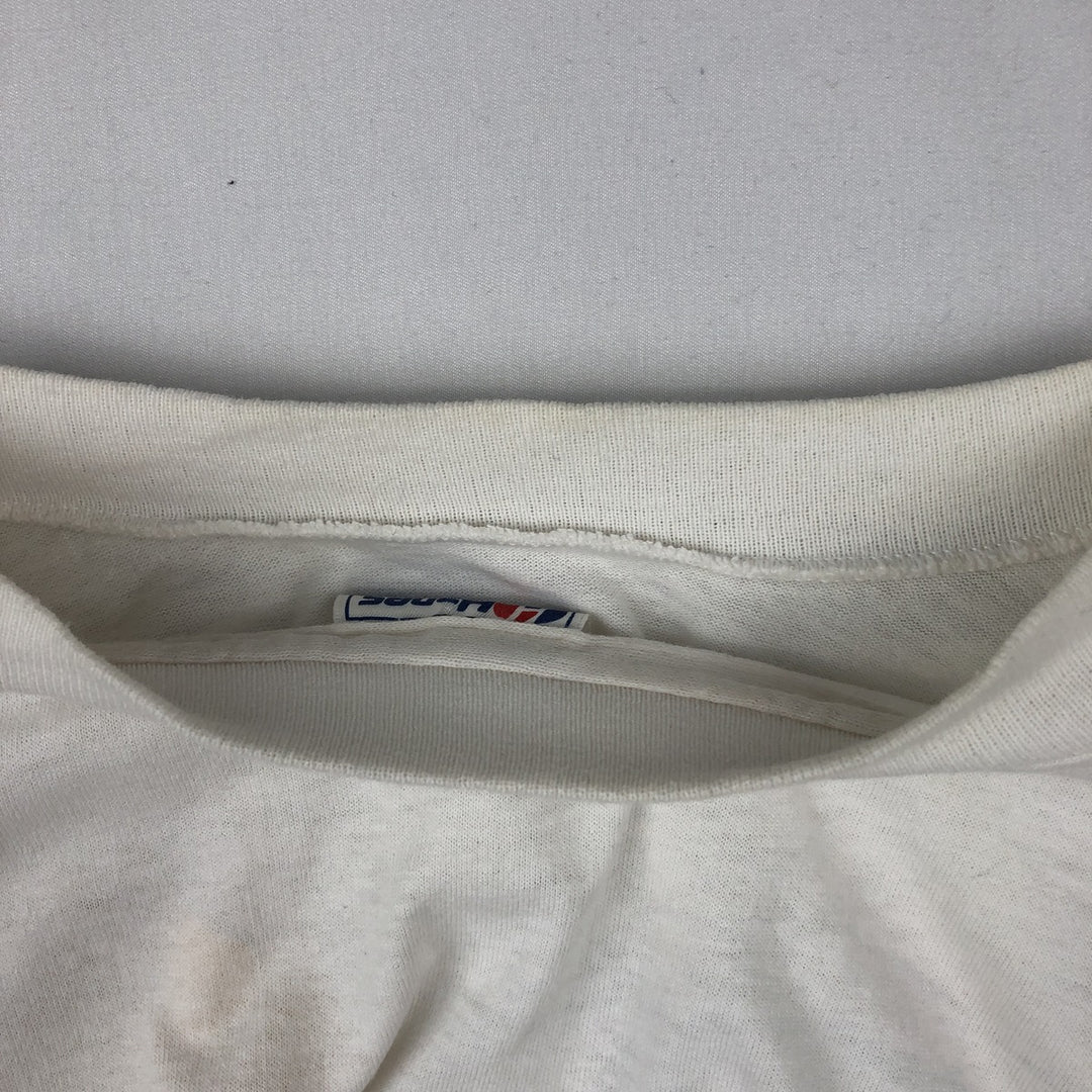 90'S Hanes Fifty-Fifty Blue Tag Message Print T-Shirt Made in USA Men's L Size Vintage cotton white type Vintage Second Hand
