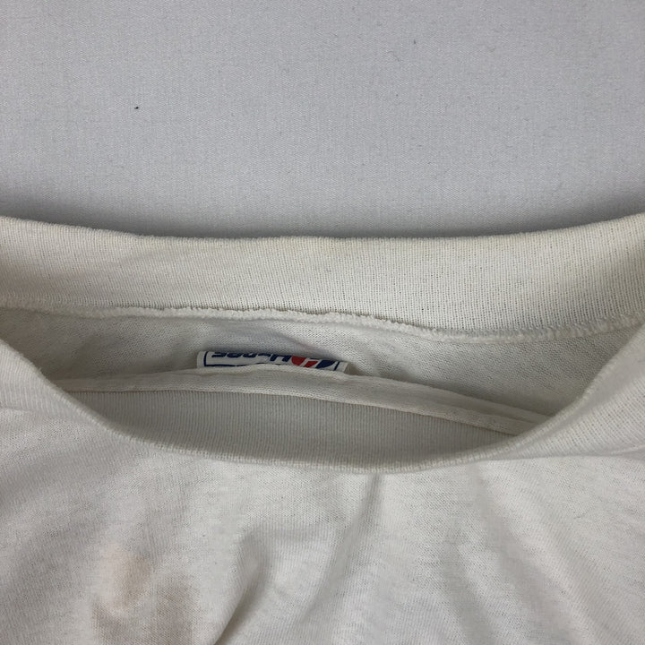 90'S Hanes Fifty-Fifty Blue Tag Message Print T-Shirt Made in USA Men's L Size Vintage cotton white type Vintage Second Hand