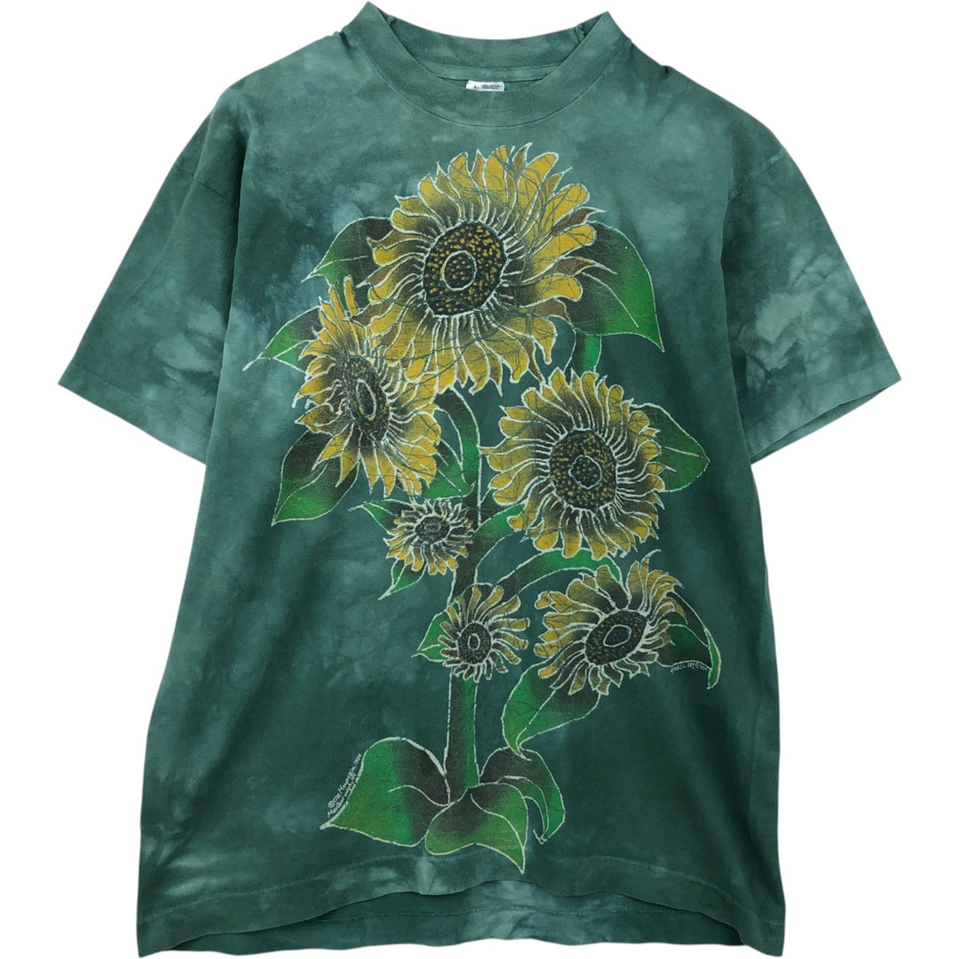 90'S Fruit of the Loom Tie-Dye Pattern Floral Large Print Art T-Shirt, Made in USA, Men's Size L (approx.) cotton dark green Vintage Second Hand