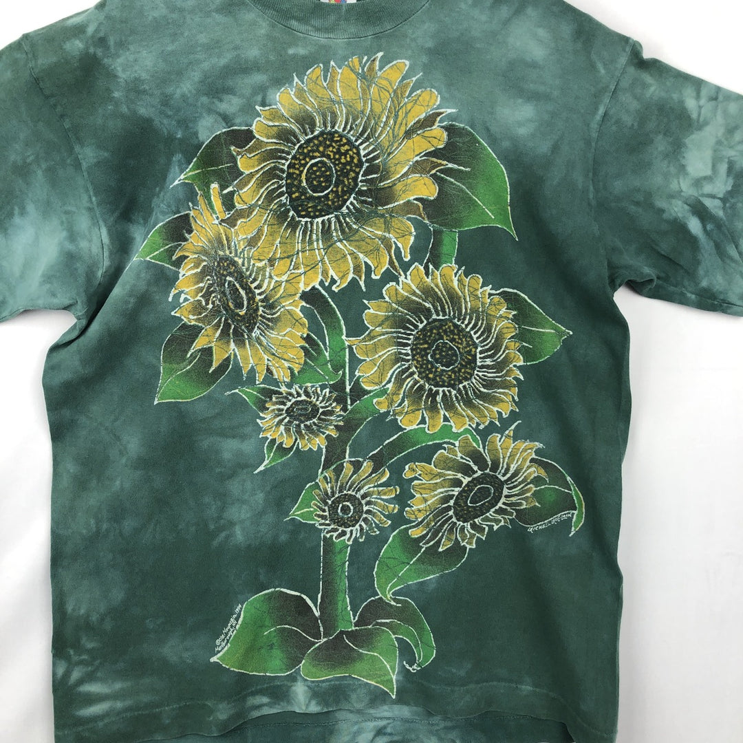 90'S Fruit of the Loom Tie-Dye Pattern Floral Large Print Art T-Shirt, Made in USA, Men's Size L (approx.) cotton dark green Vintage Second Hand
