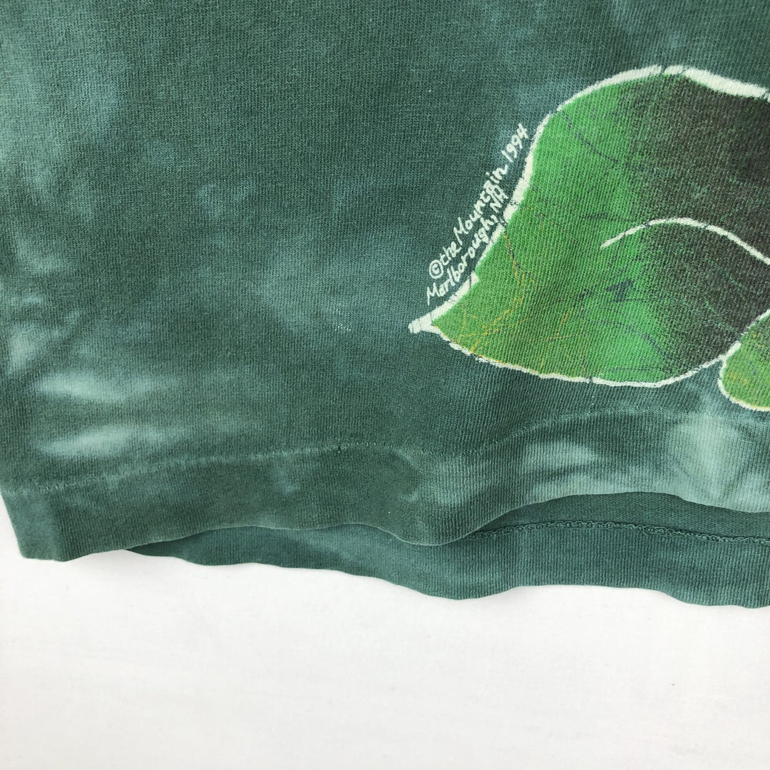90'S Fruit of the Loom Tie-Dye Pattern Floral Large Print Art T-Shirt, Made in USA, Men's Size L (approx.) cotton dark green Vintage Second Hand