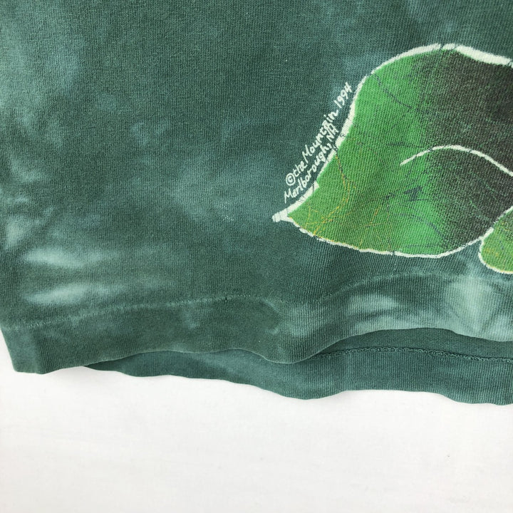 90'S Fruit of the Loom Tie-Dye Pattern Floral Large Print Art T-Shirt, Made in USA, Men's Size L (approx.) cotton dark green Vintage Second Hand