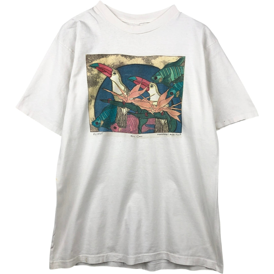 ~90'S Fish and Bird Print Art T-Shirt, Men's Size L (Equivalent), Vintage unclear white type Vintage Second Hand
