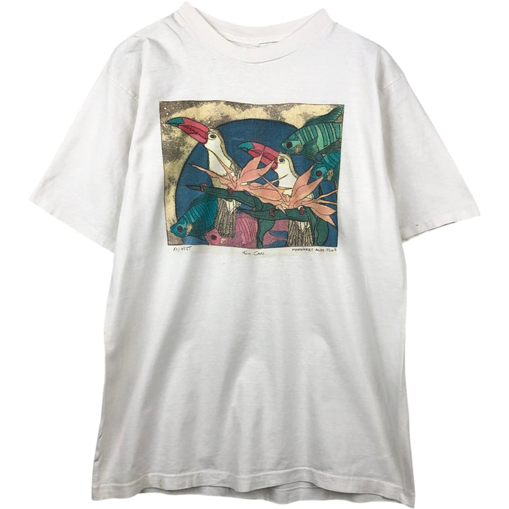 ~90'S Fish and Bird Print Art T-Shirt, Men's Size L (Equivalent), Vintage unclear white type Vintage Second Hand