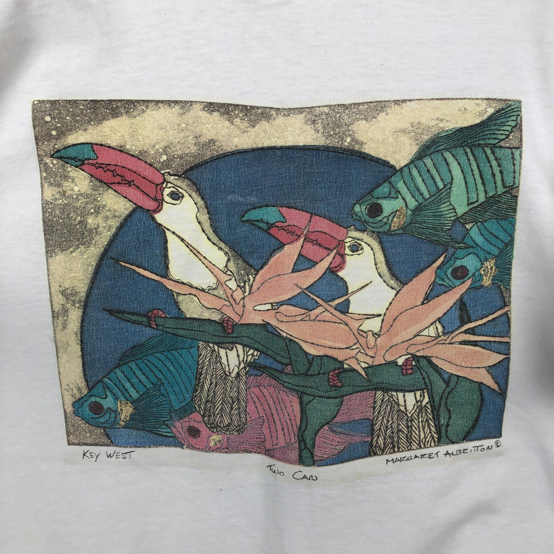 ~90'S Fish and Bird Print Art T-Shirt, Men's Size L (Equivalent), Vintage unclear white type Vintage Second Hand