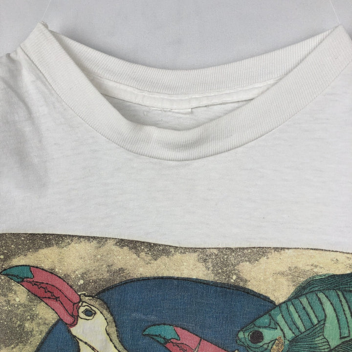 ~90'S Fish and Bird Print Art T-Shirt, Men's Size L (Equivalent), Vintage unclear white type Vintage Second Hand