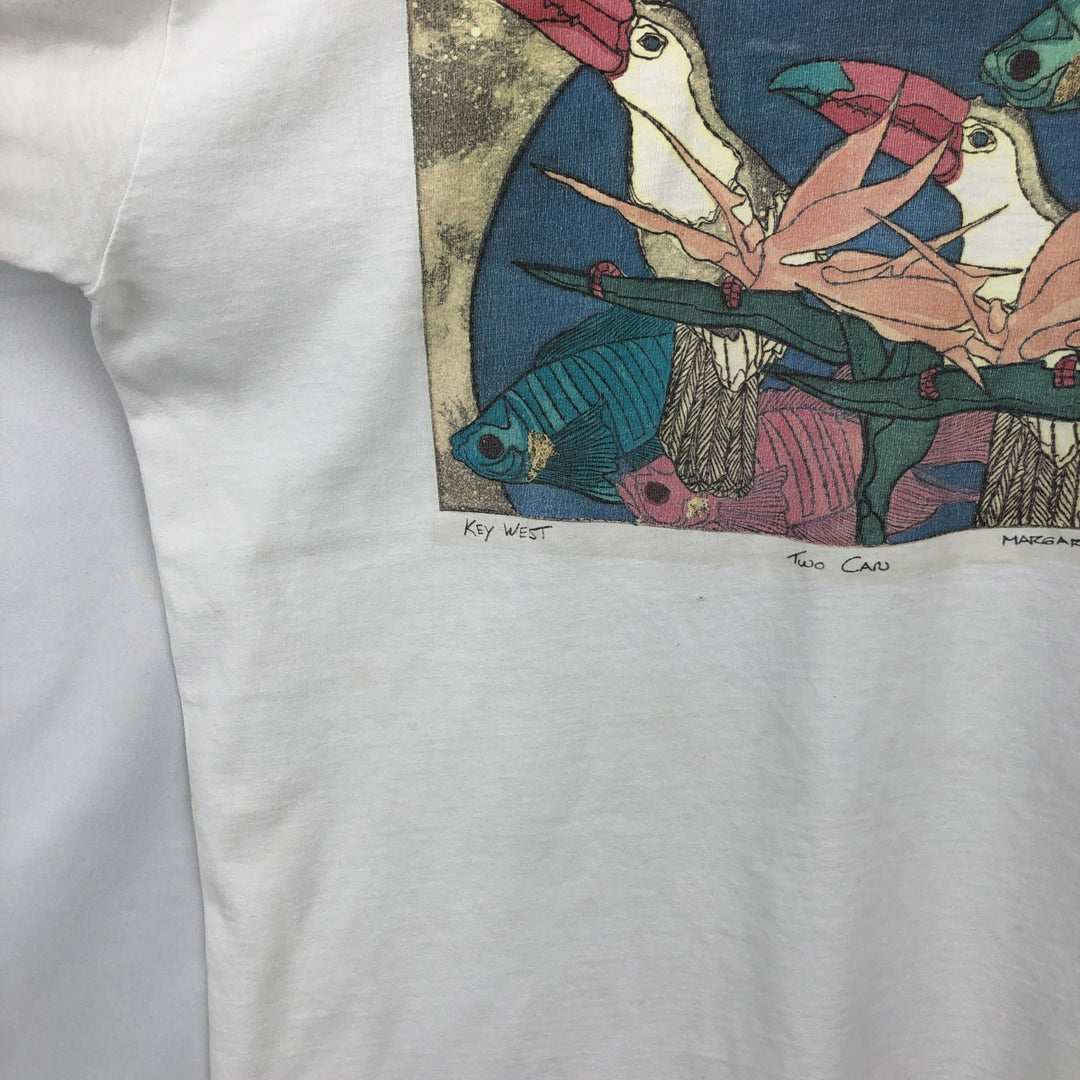 ~90'S Fish and Bird Print Art T-Shirt, Men's Size L (Equivalent), Vintage unclear white type Vintage Second Hand