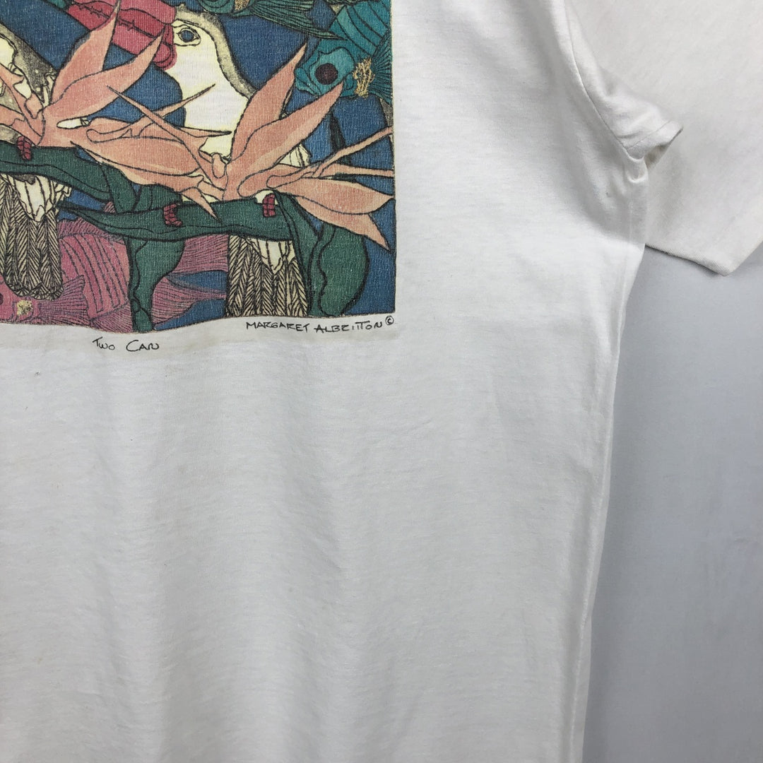~90'S Fish and Bird Print Art T-Shirt, Men's Size L (Equivalent), Vintage unclear white type Vintage Second Hand
