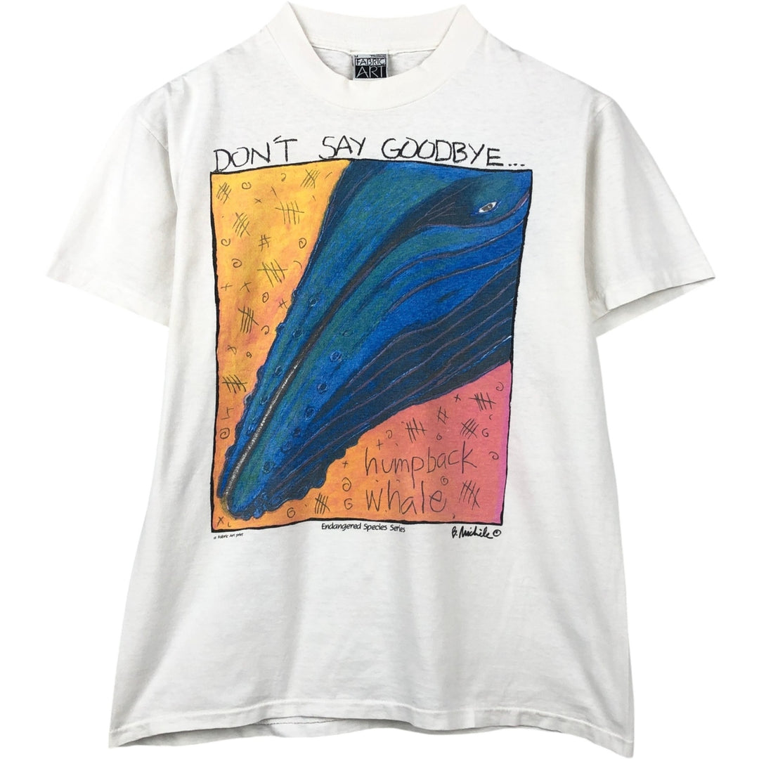 90'S FABRIC ART Whale Pattern Message Art T-Shirt, Made in USA, Men's Size M (Equivalent), Vintage cotton white type Vintage Second Hand
