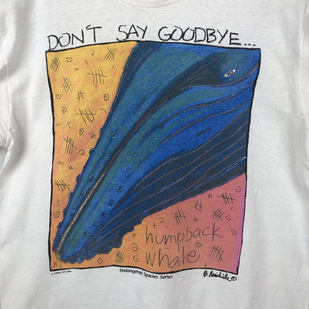 90'S FABRIC ART Whale Pattern Message Art T-Shirt, Made in USA, Men's Size M (Equivalent), Vintage cotton white type Vintage Second Hand