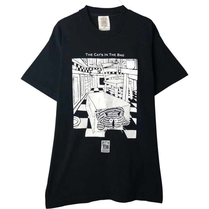 ~90'S STUART KATT Cat Pattern Art T-Shirt, Made in Canada, Men's Size L (approx.), Vintage cotton black type Vintage Second Hand