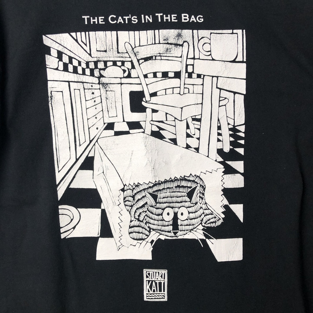 ~90'S STUART KATT Cat Pattern Art T-Shirt, Made in Canada, Men's Size L (approx.), Vintage cotton black type Vintage Second Hand