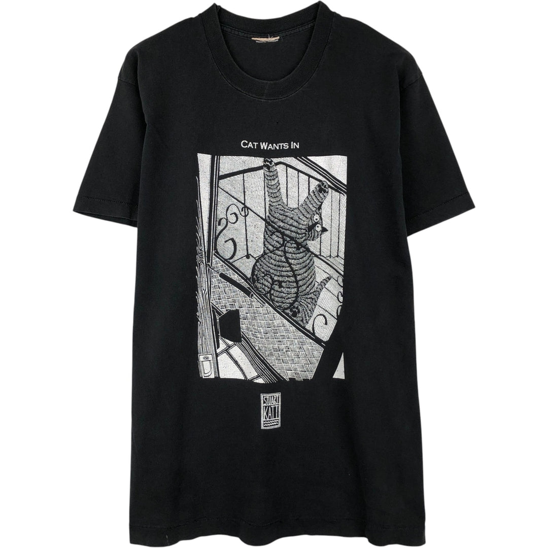 STUART KATT Cat Pattern Art T-Shirt, Men's Size M (Equivalent), Vintage unclear black type Vintage Second Hand