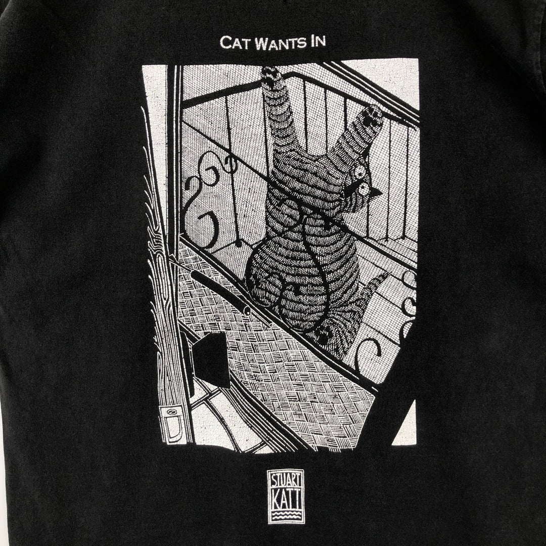 STUART KATT Cat Pattern Art T-Shirt, Men's Size M (Equivalent), Vintage unclear black type Vintage Second Hand