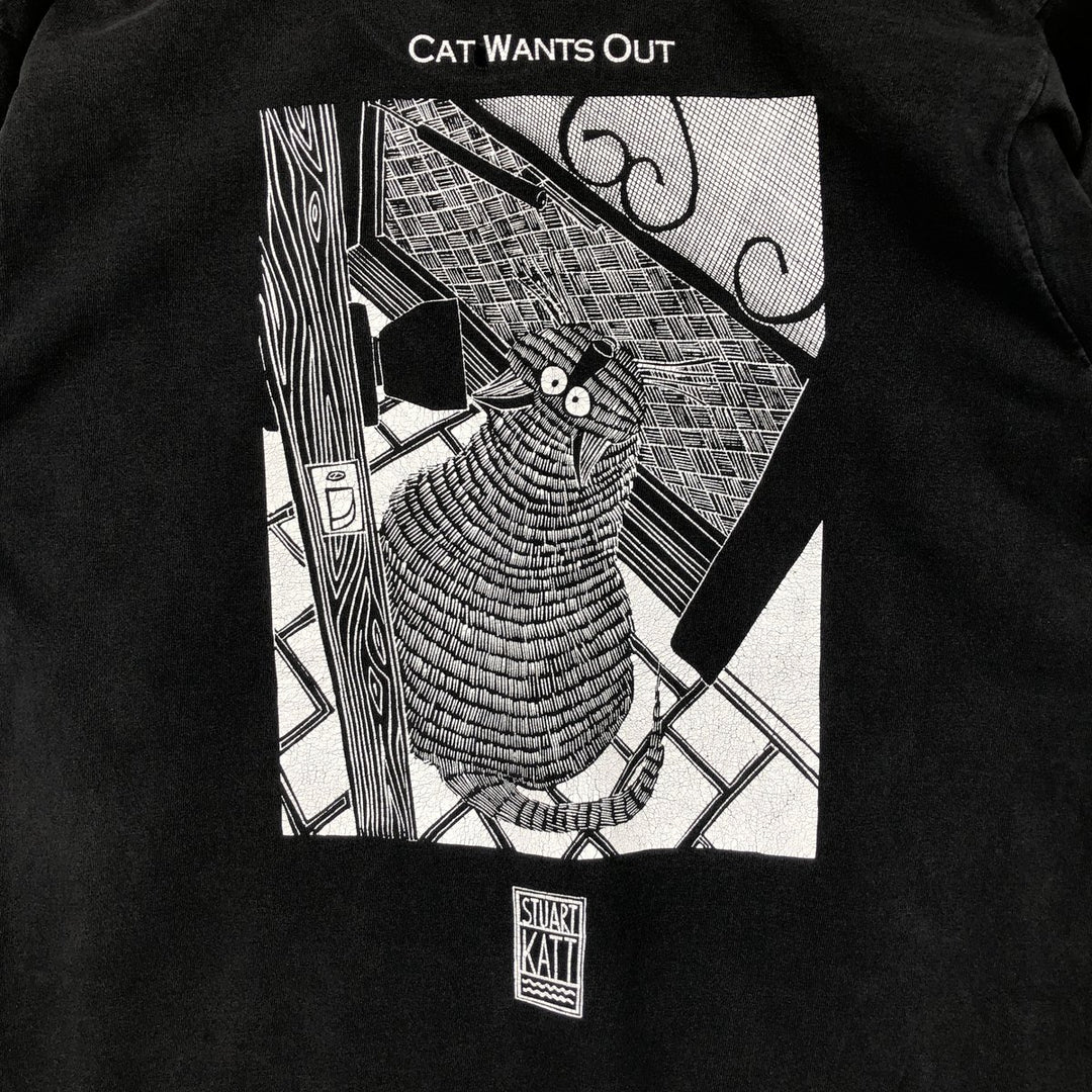 STUART KATT Cat Pattern Art T-Shirt, Men's Size M (Equivalent), Vintage unclear black type Vintage Second Hand