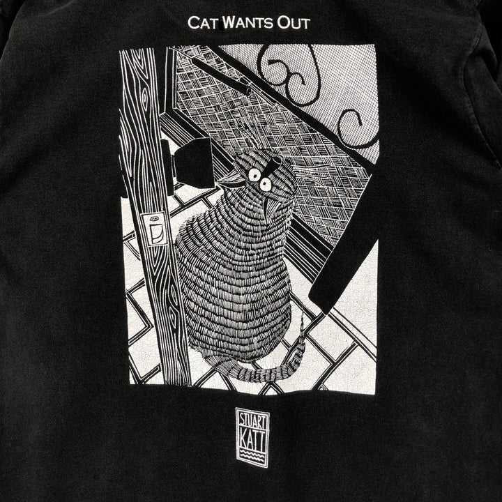STUART KATT Cat Pattern Art T-Shirt, Men's Size M (Equivalent), Vintage unclear black type Vintage Second Hand