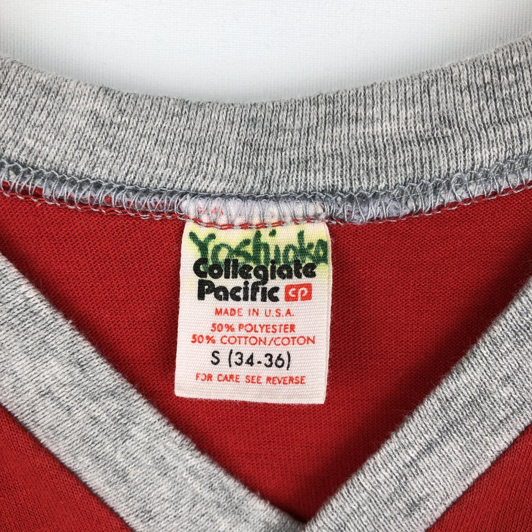 Vintage 1980'S Collegiate Pacific V-neck football T-shirt, Made in USA, Men's Size Small polyester red type Vintage Second Hand