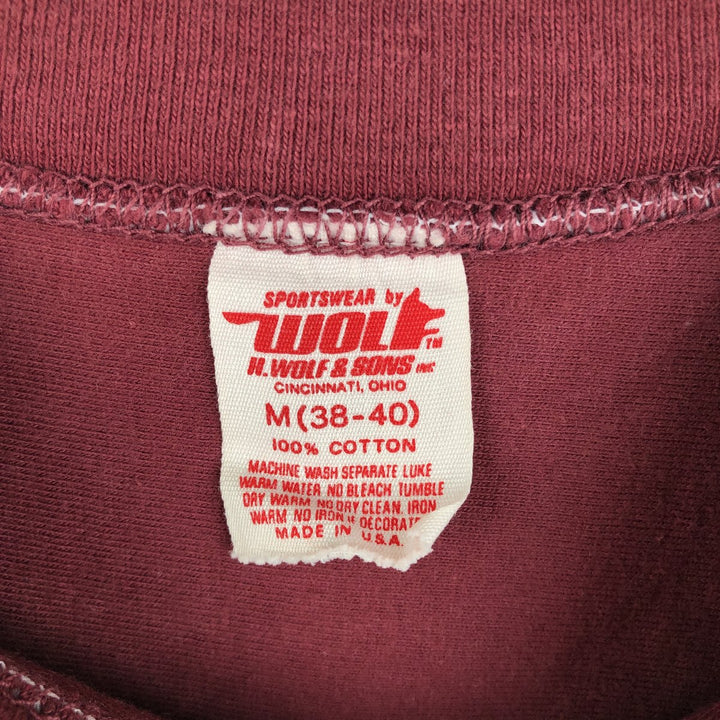 80'S WOLF back print football t-shirt, made in USA, men's size M equivalent, vintage. cotton wine-red Vintage Second Hand