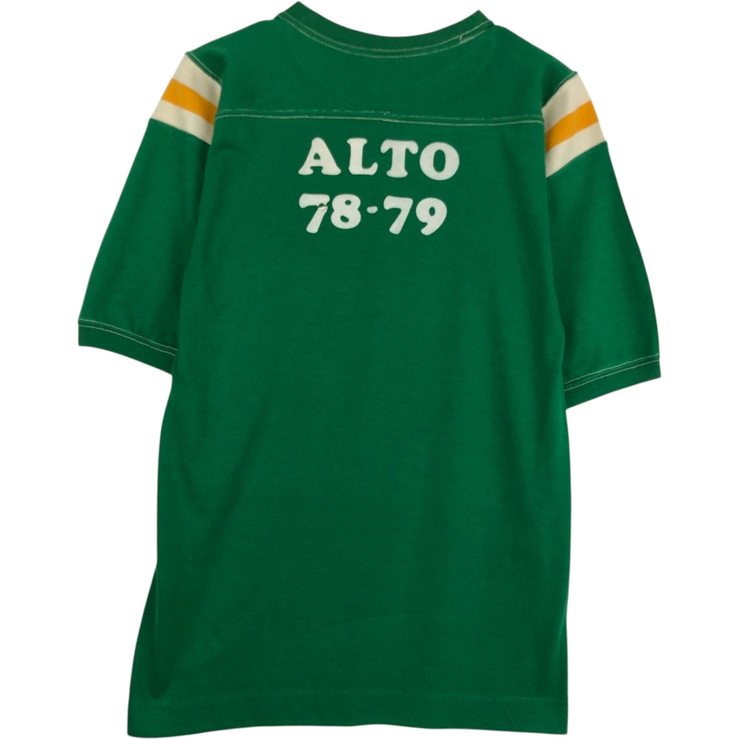 70'S sportswear football t-shirt, made in USA, men's size L equivalent, vintage. polyester green type Vintage Second Hand