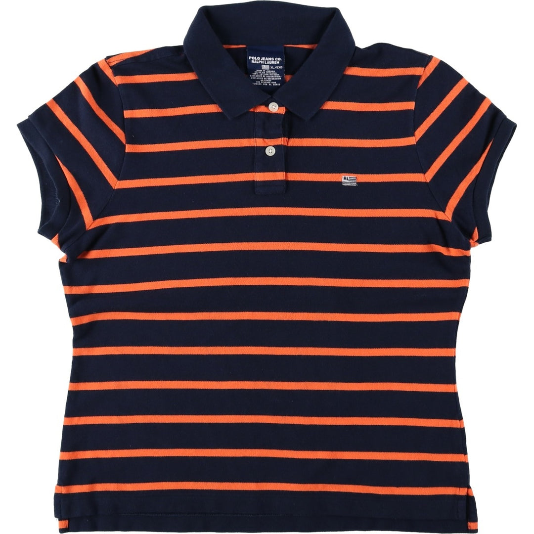 Ralph Lauren POLO JEANS COMPANY Short-Sleeve Striped Polo Shirt, Women's Size M (approx.) cotton navy blue type Vintage Second Hand