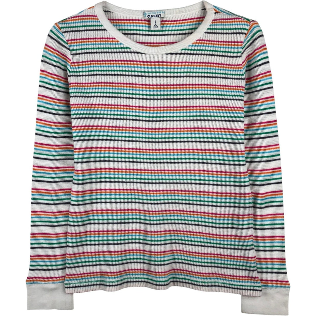 OLD NAVY Border Pattern Thermal Long-Sleeve T-Shirt (Waffle) - Women's Size S (approx.) cotton white type Vintage Second Hand