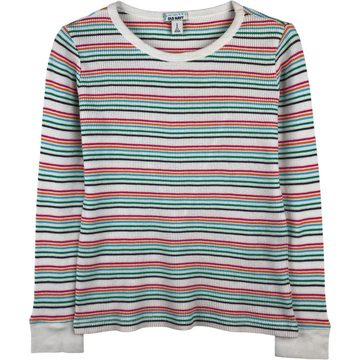 OLD NAVY Border Pattern Thermal Long-Sleeve T-Shirt (Waffle) - Women's Size S (approx.) cotton white type Vintage Second Hand