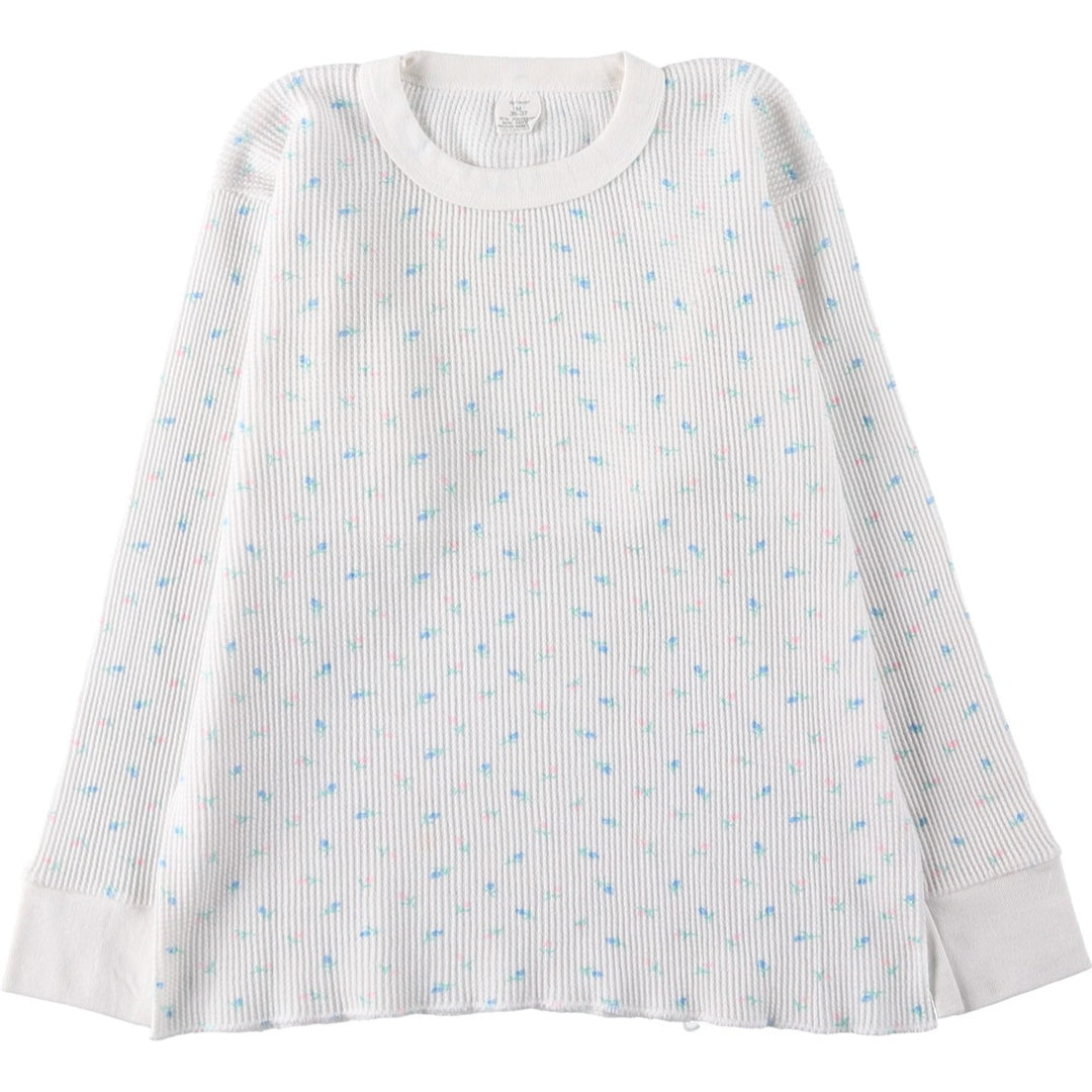 All-over floral print thermal long-sleeve T-shirt, waffle knit, women's size M equivalent. polyester white type Vintage Second Hand