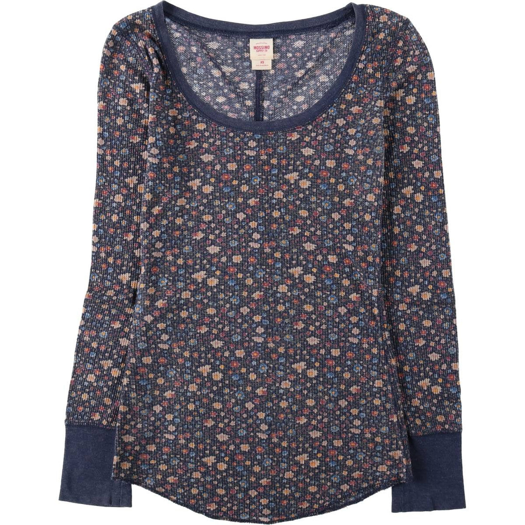 MOSSIMO All-over Floral Print Thermal Long-Sleeve T-Shirt (Waffle Knit) - Women's Size XS (approx.) cotton navy blue type Vintage Second Hand