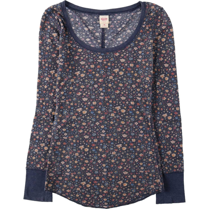 MOSSIMO All-over Floral Print Thermal Long-Sleeve T-Shirt (Waffle Knit) - Women's Size XS (approx.) cotton navy blue type Vintage Second Hand
