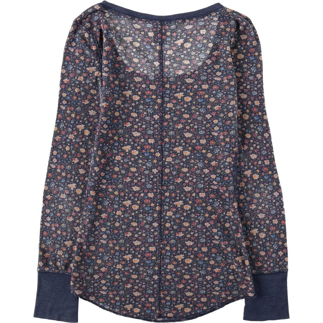 MOSSIMO All-over Floral Print Thermal Long-Sleeve T-Shirt (Waffle Knit) - Women's Size XS (approx.) cotton navy blue type Vintage Second Hand