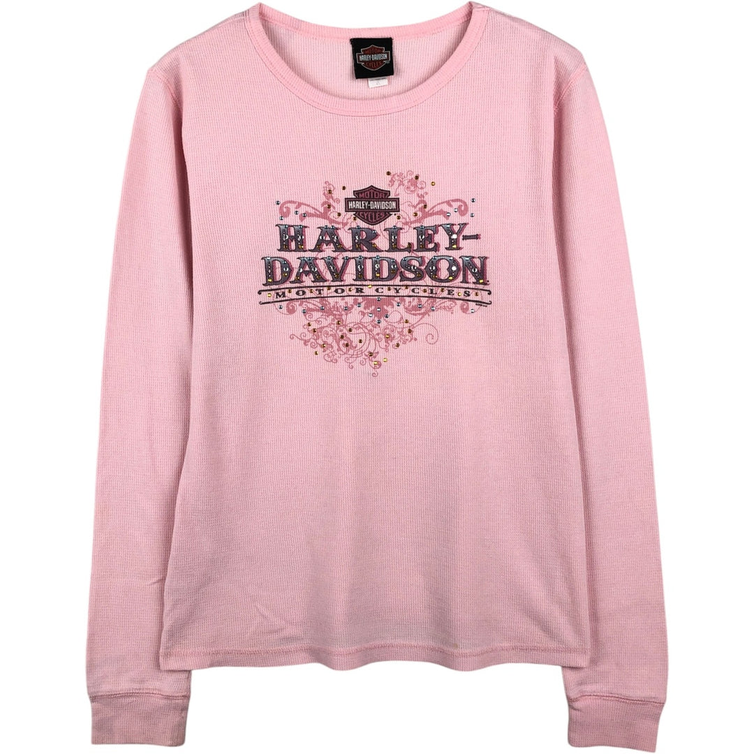 2000'S Harley-Davidson Motorcycle Sequined Thermal Long-Sleeve T-Shirt (Waffle Knit) - Women's Size XL (approx.) cotton pink type Vintage Second Hand