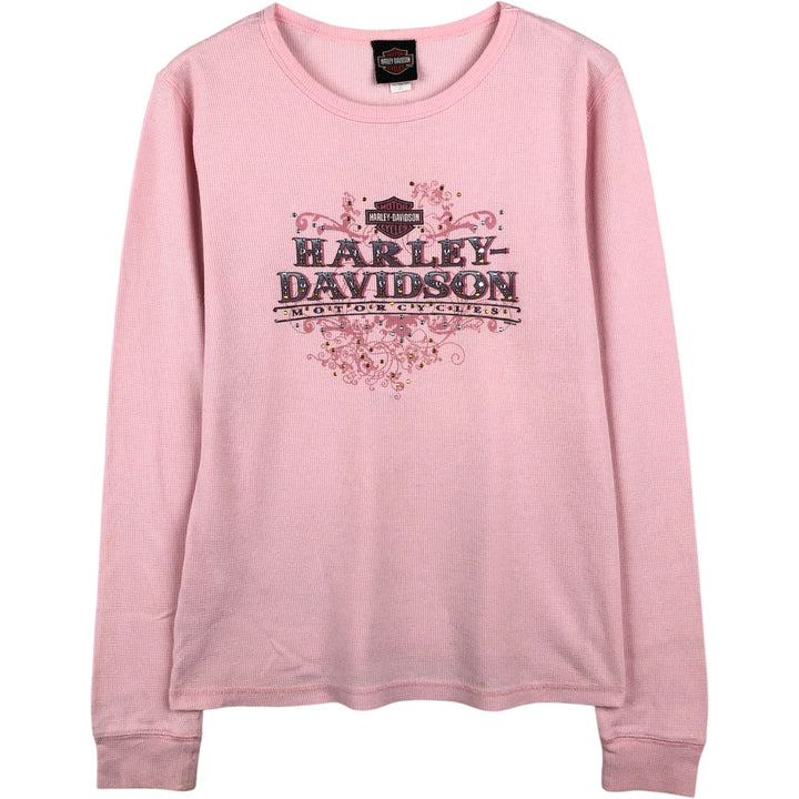 2000'S Harley-Davidson Motorcycle Sequined Thermal Long-Sleeve T-Shirt (Waffle Knit) - Women's Size XL (approx.) cotton pink type Vintage Second Hand
